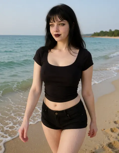 Woman with dark hair and burgundy lipstick wearing a black crop top and shorts standing on a sandy beach with ocean waves behind her.