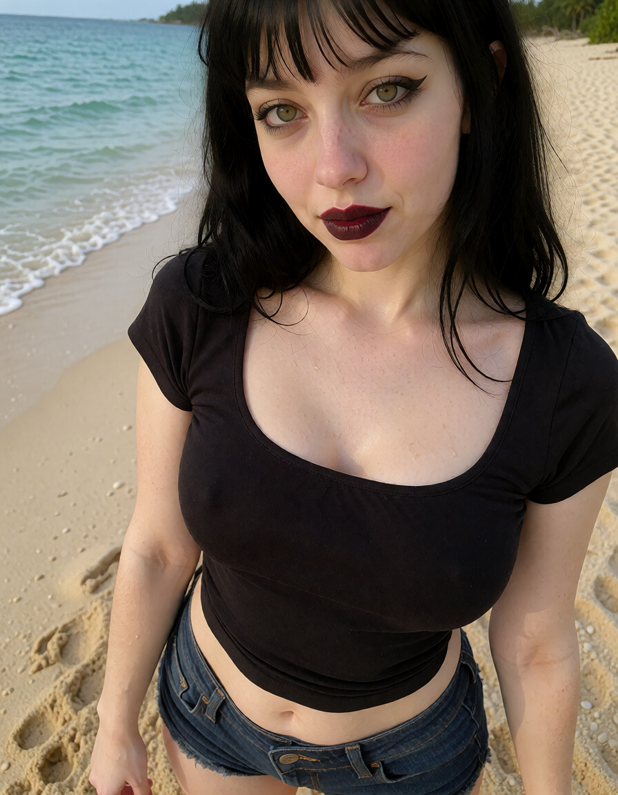 Linda wearing a black crop top and denim shorts on a sandy beach with turquoise ocean waves behind her, bold burgundy lipstick, dark bangs, daytime sunlight.
