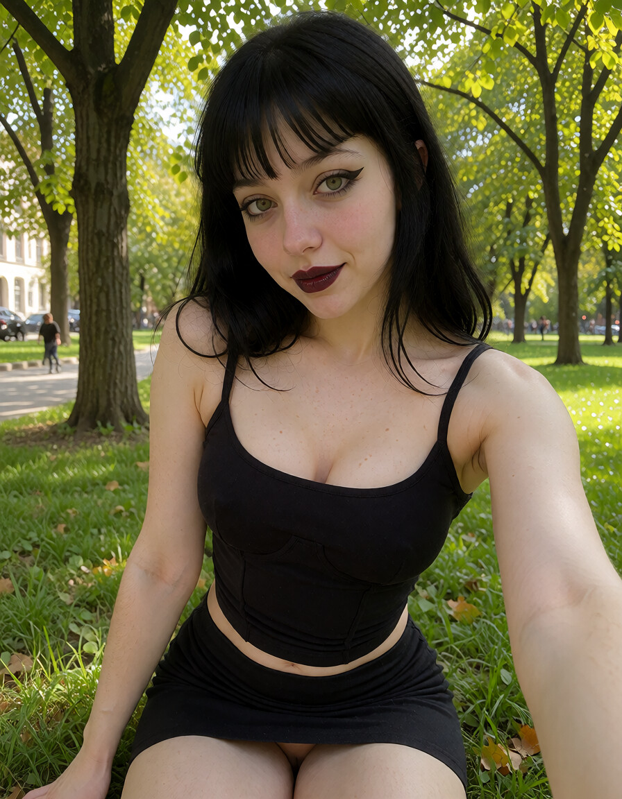 Woman with black hair and dark lipstick wearing a black crop top in a sunny park with tall trees.