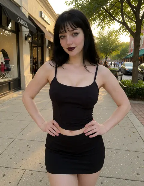 Woman in black crop top and mini skirt standing on sunny urban street with storefronts behind her.