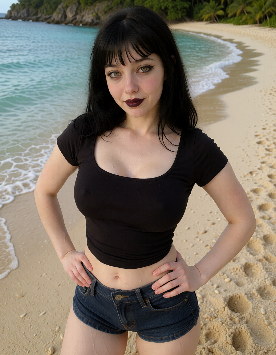 Woman with black hair and dark lipstick wearing a black crop top and denim shorts on a tropical beach with turquoise water.
